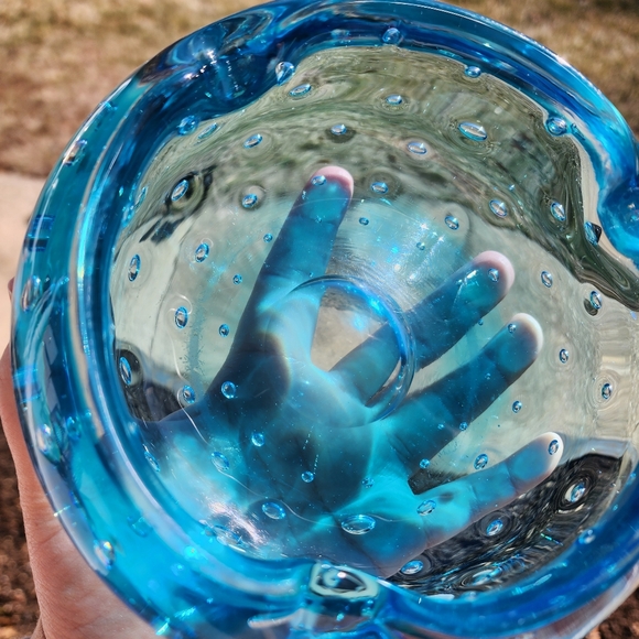Vintage MCM Blenko Glass Ashtray Blue Controlled Seeded Bubble B-508 1950’s - Picture 12 of 15